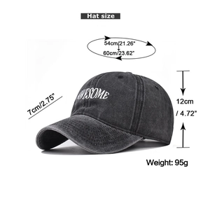 Detailed size chart for vintage washed grey cotton baseball cap with Awesome embroidery