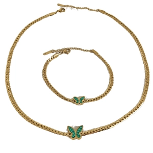 18k gold plated stainless steel jewelry set with green striped butterfly charms