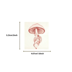 Detailed size view of a retro mushroom sticker featuring vintage red hand-drawn art