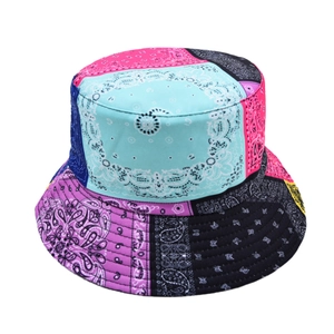 Colorful paisley patchwork bucket hat featuring vibrant streetwear bohemian floral design