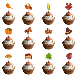 Thanksgiving Cake Toppers Turkey Pumpkin Maple Leaf Paper Cupcake Decoration Harvest Autumn Party Decor Festive