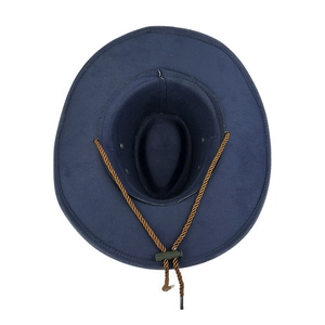 Navy blue faux suede cowboy hat with woven chin strap and side vents from a top-down view
