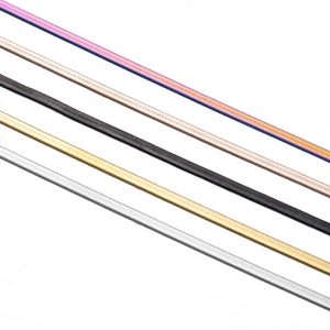 Flat stainless steel blade chains in five colors: silver, gold, black, rose gold, and rainbow
