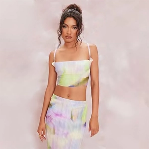 Detail of ribbed texture and purple abstract gradient print on women's two-piece set