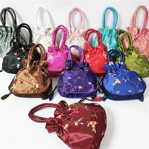Embroidered ethnic style satin drawstring handbags in multiple vibrant colors for women