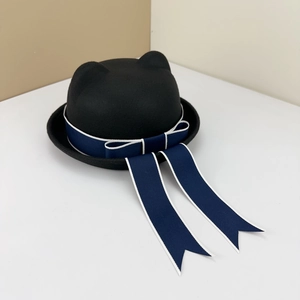 Japanese style black wool JK uniform hat featuring cute cat ears and dark blue bow ribbons