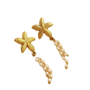 Gold starfish and wave pearl drop earrings with detachable pendant for summer fashion