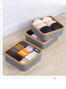 Three-piece set of grey fabric storage boxes with bamboo frame for socks and underwear