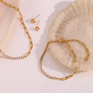 Detail shot of 18K gold plated stainless steel jewelry set with paperclip chain and zircons