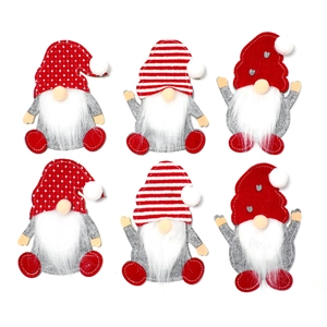 Lot de six porte-couverts gnomes de Noël aux motifs festifs rouges, blancs et gris