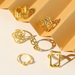 Bohemian 18k gold plated stainless steel ring set with tree of life and crown designs