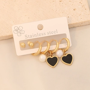 Lot de 3 paires de boucles d'oreilles en acier doré avec perles et cœurs