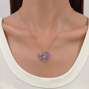 Collier argenté avec pendentif coeur en cristal violet et papillon, gravé I LOVE YOU