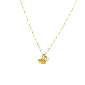 Gold ginkgo leaf necklace with white pearl pendant on a minimalist chain for women