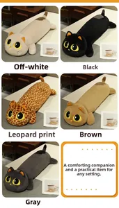 Detail showing five different colors of cute plush long cat pillows in a cozy setting