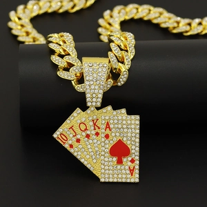 Hip Hop Poker Royal Flush Pendant Necklace Iced Out Rhinestone Alloy Enamel Cuban Link Chain Men Jewelry