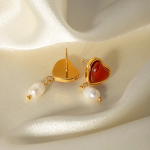 18k gold stainless steel heart earrings with red agate and hanging drop pearl