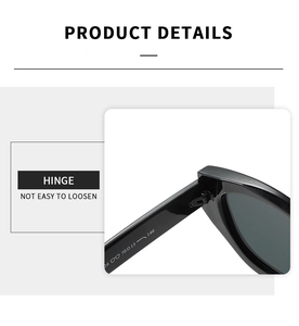 Close-up of durable black hinge detail and specifications on cat-eye sunglasses