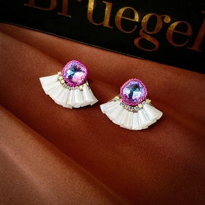 Vintage fan-shaped stud earrings with purple crystals and colorful rhinestones