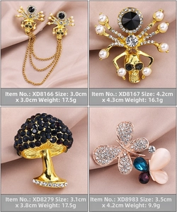 Detailed grid of four vintage-style brooches featuring spiders, mushrooms, and butterflies