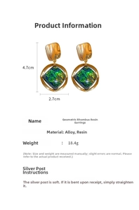 Detail showing dimensions of vintage emerald resin geometric earrings with gold frame
