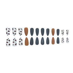 24pcs matte leopard print press-on nails in almond shape with brown and grey-blue tones