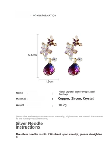 Detailed size chart of purple floral crystal waterdrop earrings with silver needle specs