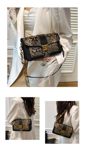 Close-up of vintage snake skin pattern flap bag with golden buckle and chain strap