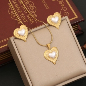Heart Mother Of Artificial Pearl Jewelry Gold Plated Stainless Steel Snake Chain Necklace And Stud Earrings For Women Elegant