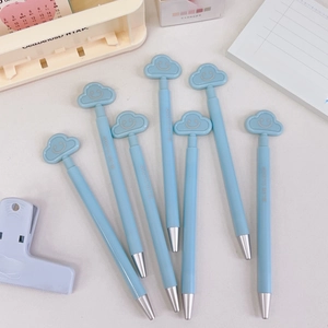 Detail of 0.5mm quick-dry black gel pens with cute 3D smiley cloud tops on light blue barrels