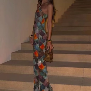 Women Halter Neck Maxi Dress Polyester Mermaid Fish Scale Print Backless Lace Up Slim Fit Holiday Elegant Sleeveless