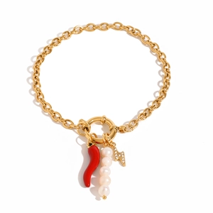 Bracelet en acier inoxydable doré 18 carats avec pendentifs piment rouge et perles