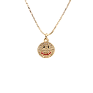Fashion gold plated necklace with micro-paved zircon smiley face pendant and red detail