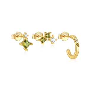 Detailed macro view of S925 sterling silver gold earrings with green square zircon