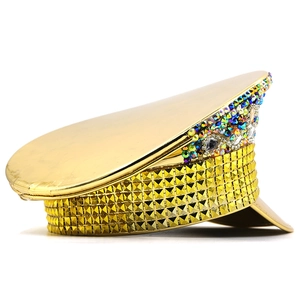 Gold captain hat with AB rhinestones and pyramid studs for party or stage performance