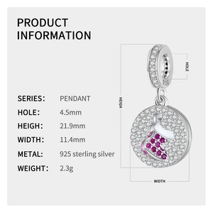 Macro detail of S925 sterling silver Christmas stocking pendant with size measurements