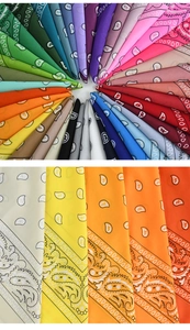 Detailed close-up showing a vibrant color palette of polyester paisley bandana headscarves