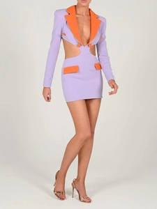 Detail of V-neck suit dress featuring purple and orange color-block with waist cut-outs