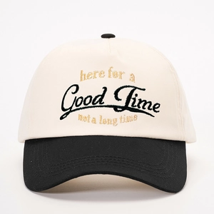 Detailed view of high-quality Good Time embroidery on a two-tone canvas baseball cap