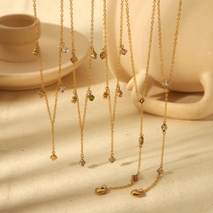 Minimalist 18k gold plated stainless steel Y-pendant necklace with colorful zircon