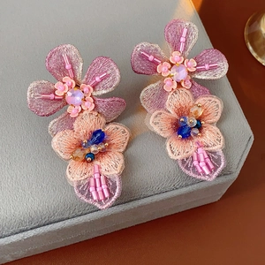 Detailed view of handmade embroidered floral earrings with pink beads and crystals