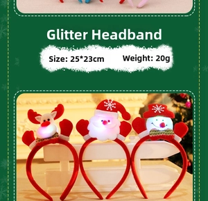 Detail view of plush LED Christmas headbands with reindeer and snowman figures