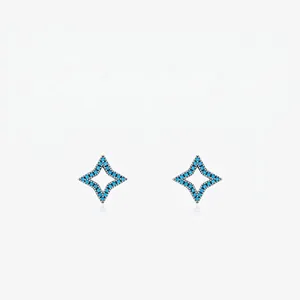 925 Sterling Silver Four-Pointed Star Stud Earrings Pavé Set Turquoise Blue Tiny Stones Hollow Dainty Jewelry For Women