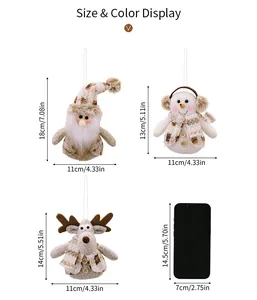 Size chart showing height and width for Santa, Snowman and Reindeer plush ornaments