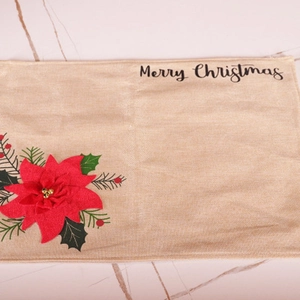 Linen Christmas table mat with red floral embroidery and Merry Christmas lettering