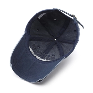 Navy blue baseball cap showing internal structure with sweatband and metal buckle