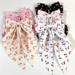 Oversized Bow Hair Clip Fabric Long Streamer Cherry Floral Print Sweet Spring Barrettes Fashion Hair Accessories For Women