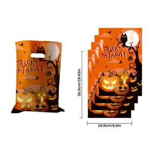 Detailed dimensions of Halloween pumpkin treat bag with Trick or Treat print