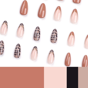Almond press-on nails set with brown marble patterns and gold-edged french tips