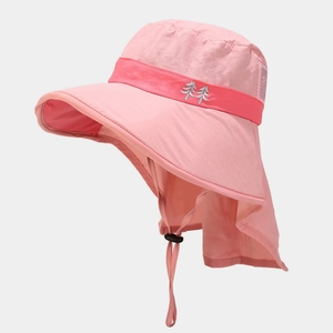 Detailed view of pink sun hat featuring neck protection flap and breathable mesh panel
